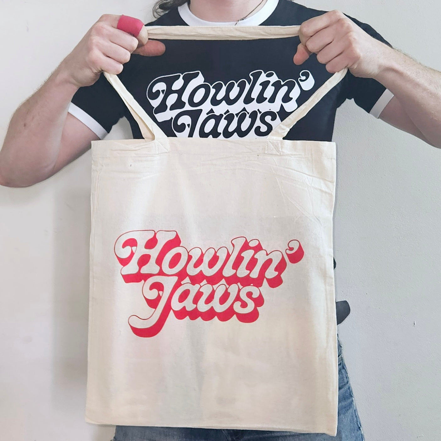 TOTE BAG BLANC LOGO "Howlin' Jaws" ROUGE