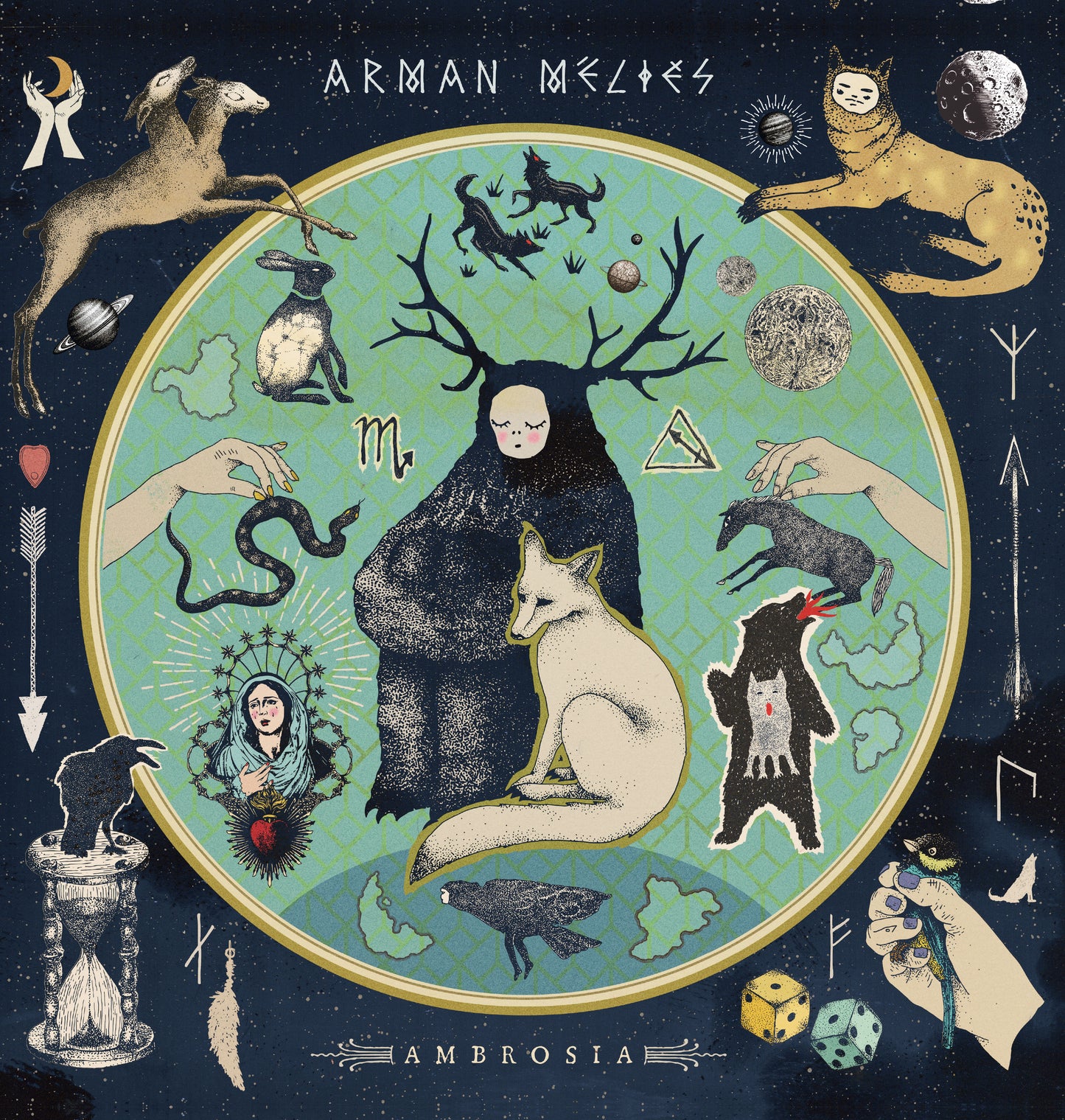 PACK DELUXE VINYLE 33 TOURS de "AMBROSIA", nouvel album d'Arman Méliès: vinyle 33t + jeu de 11 cartes de tarot, planche de stickers, tapuscrit daté, annoté, signé.