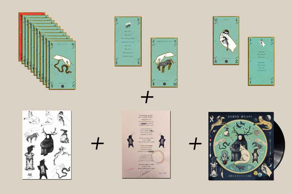 PACK DELUXE VINYLE 33 TOURS de "AMBROSIA", nouvel album d'Arman Méliès: vinyle 33t + jeu de 11 cartes de tarot, planche de stickers, tapuscrit daté, annoté, signé.