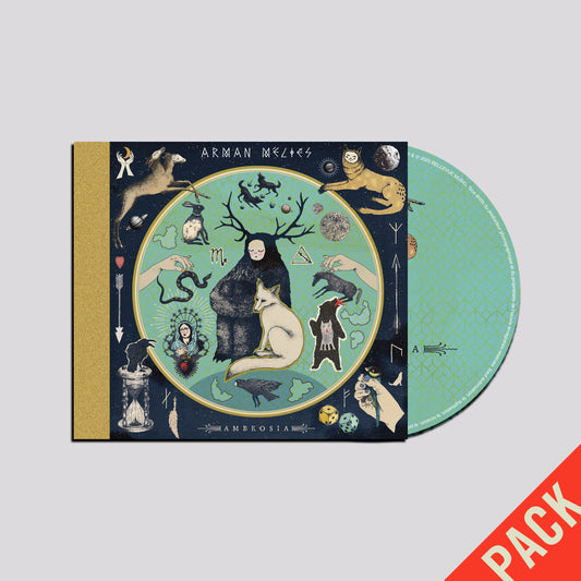 PACK DELUXE CD de « AMBROSIA» - Nouvel album d'Arman Méliès: CD digisleeve + jeu de 11 cartes de tarot, planche de stickers, tapuscrit daté, annoté, signé.