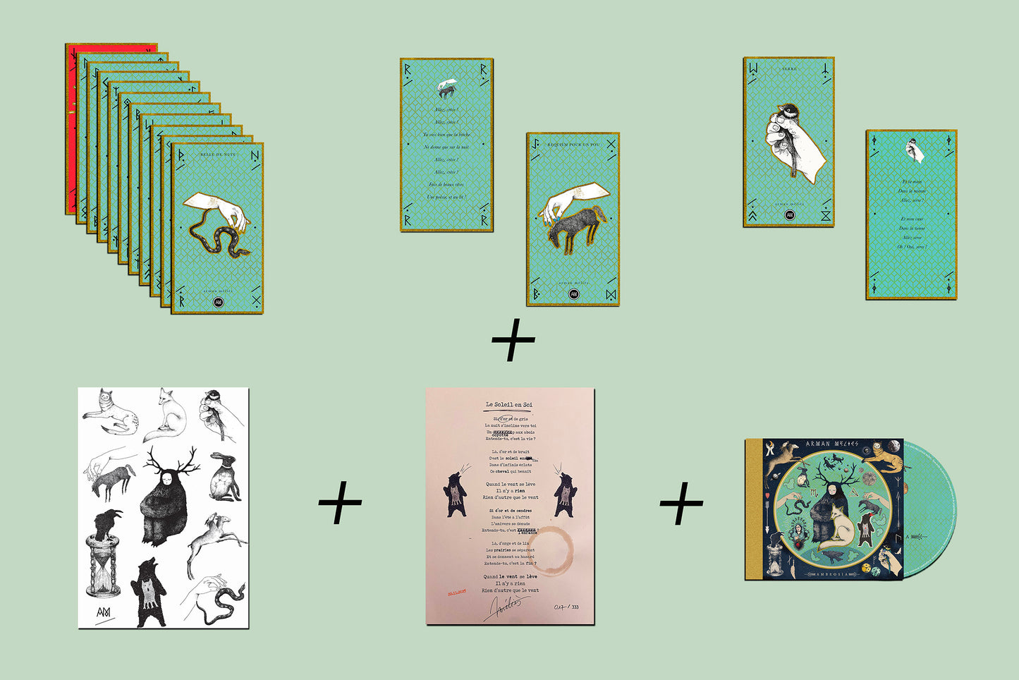 PACK DELUXE CD de « AMBROSIA» - Nouvel album d'Arman Méliès: CD digisleeve + jeu de 11 cartes de tarot, planche de stickers, tapuscrit daté, annoté, signé.