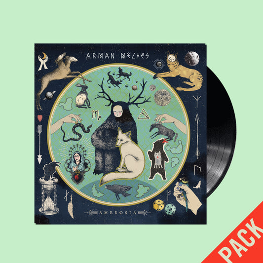 PACK DELUXE VINYLE 33 TOURS de "AMBROSIA", nouvel album d'Arman Méliès: vinyle 33t + jeu de 11 cartes de tarot, planche de stickers, tapuscrit daté, annoté, signé.