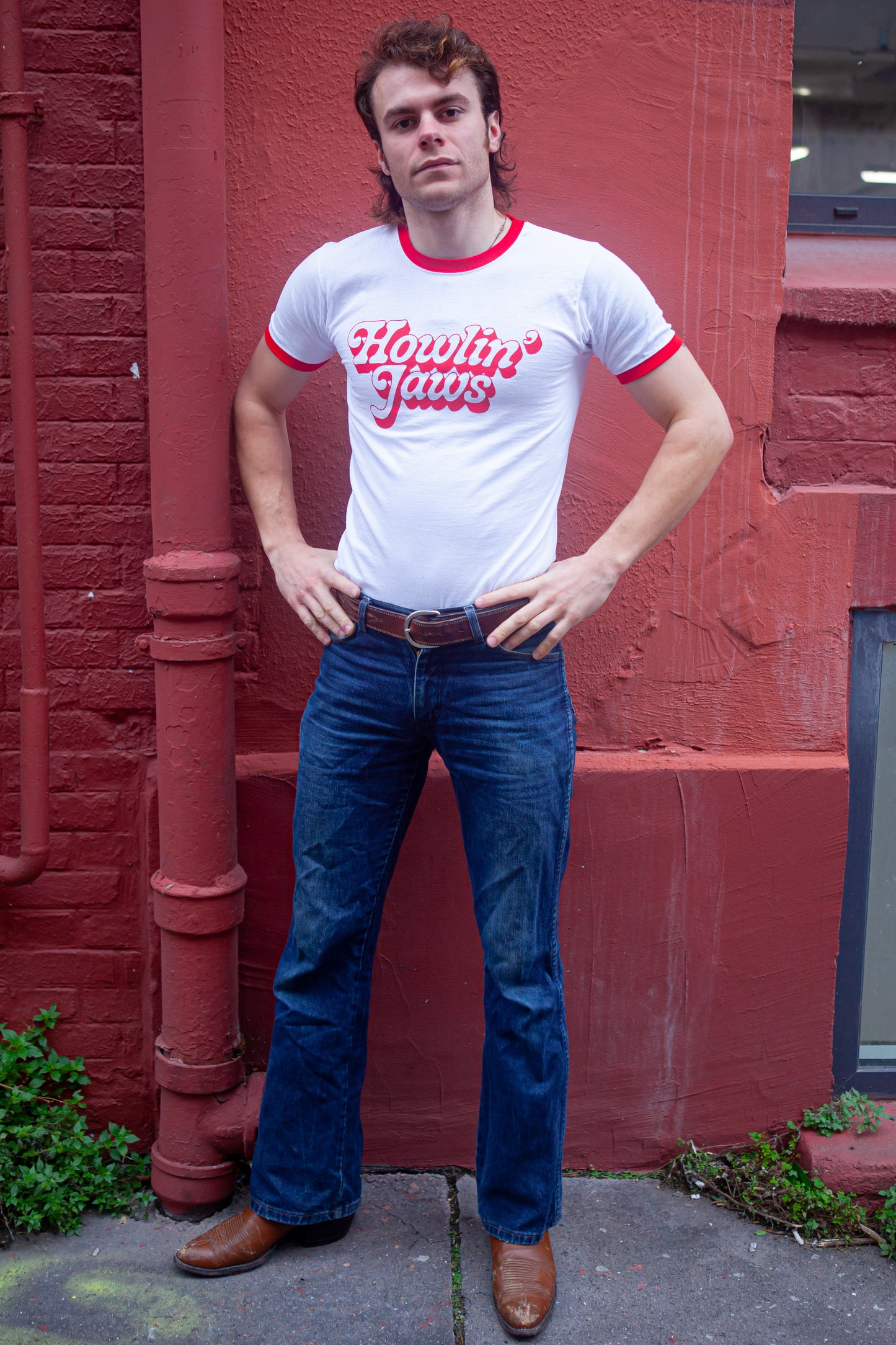 TEE-SHIRT "RINGER" ROUGE ET BLANC, LOGO ROUGE "Half Asleep Half Awake, Howlin' Jaws "