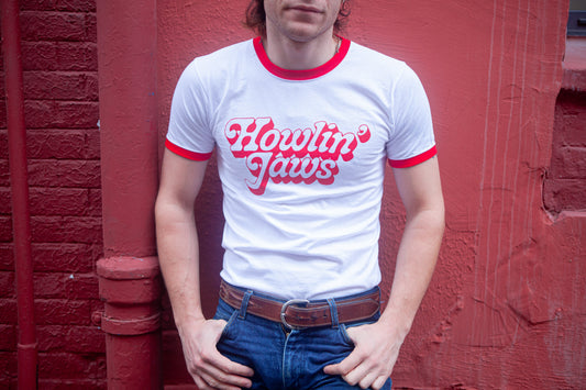 TEE-SHIRT "RINGER" ROUGE ET BLANC, LOGO ROUGE "Half Asleep Half Awake, Howlin' Jaws "