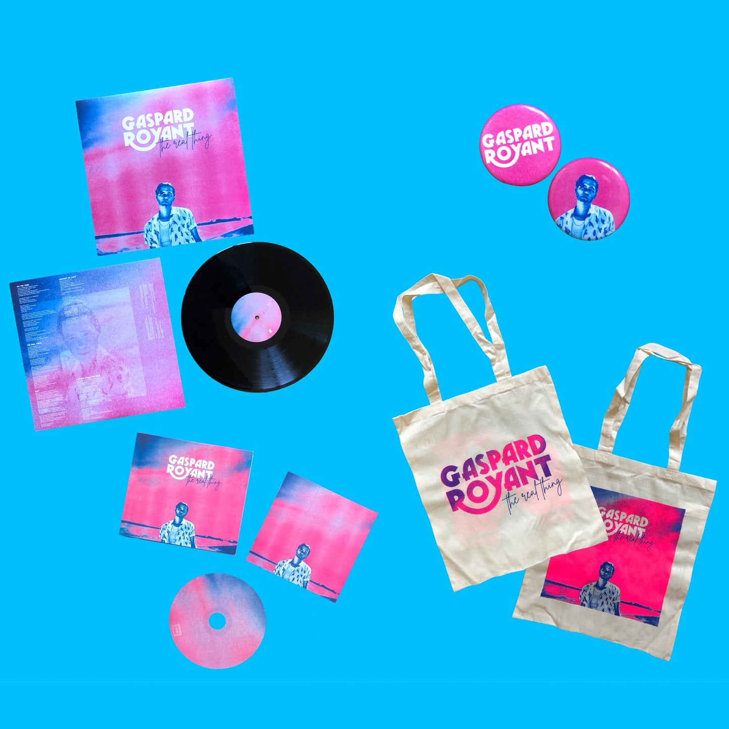 "THE REAL PACK ": CD signé + 33T vinyle signé + 2 badges + tote bag sérigraphié